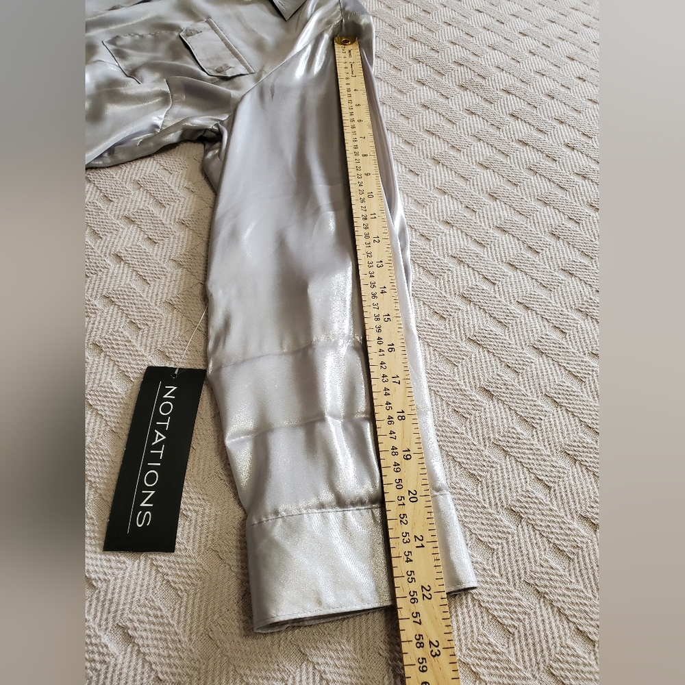 Y2K Notations Metallic Silver Shimmer Button-Front Blouse with Roll-Tab Sleeves - Picture 9 of 15
